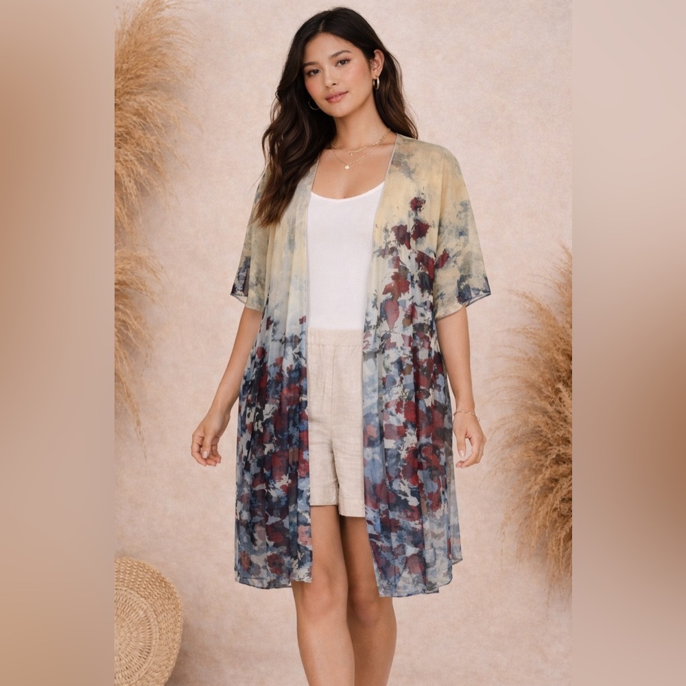 Le Galireste Sheer Lagenlook Kimono Duster Abstract Print Art To Wear One Size